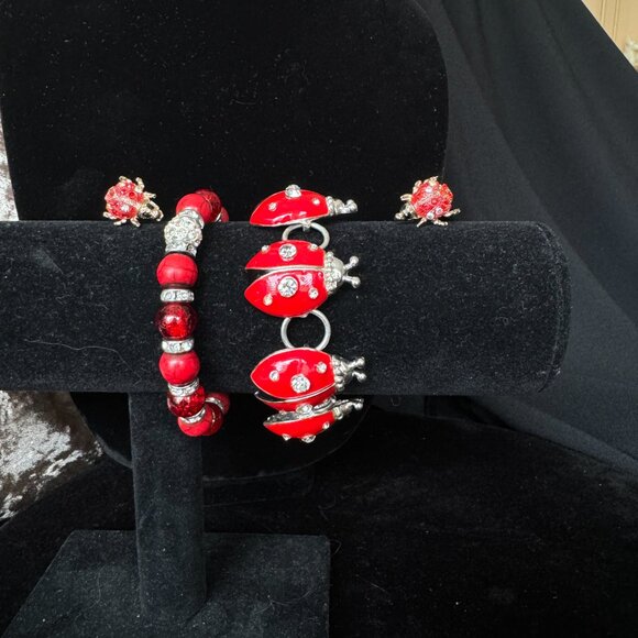 Ladybug Bracelets and Earrings Ladybird Toggle + Stretch Type and Studs EUC - Picture 3 of 7